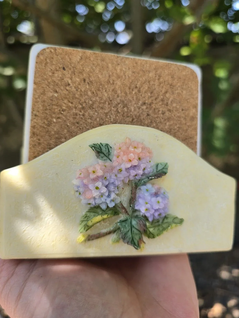 Vtg Dragonfly and Hydrangeas Pastel Coaster Set of 4 Resin 3D Cottagecore Shabby